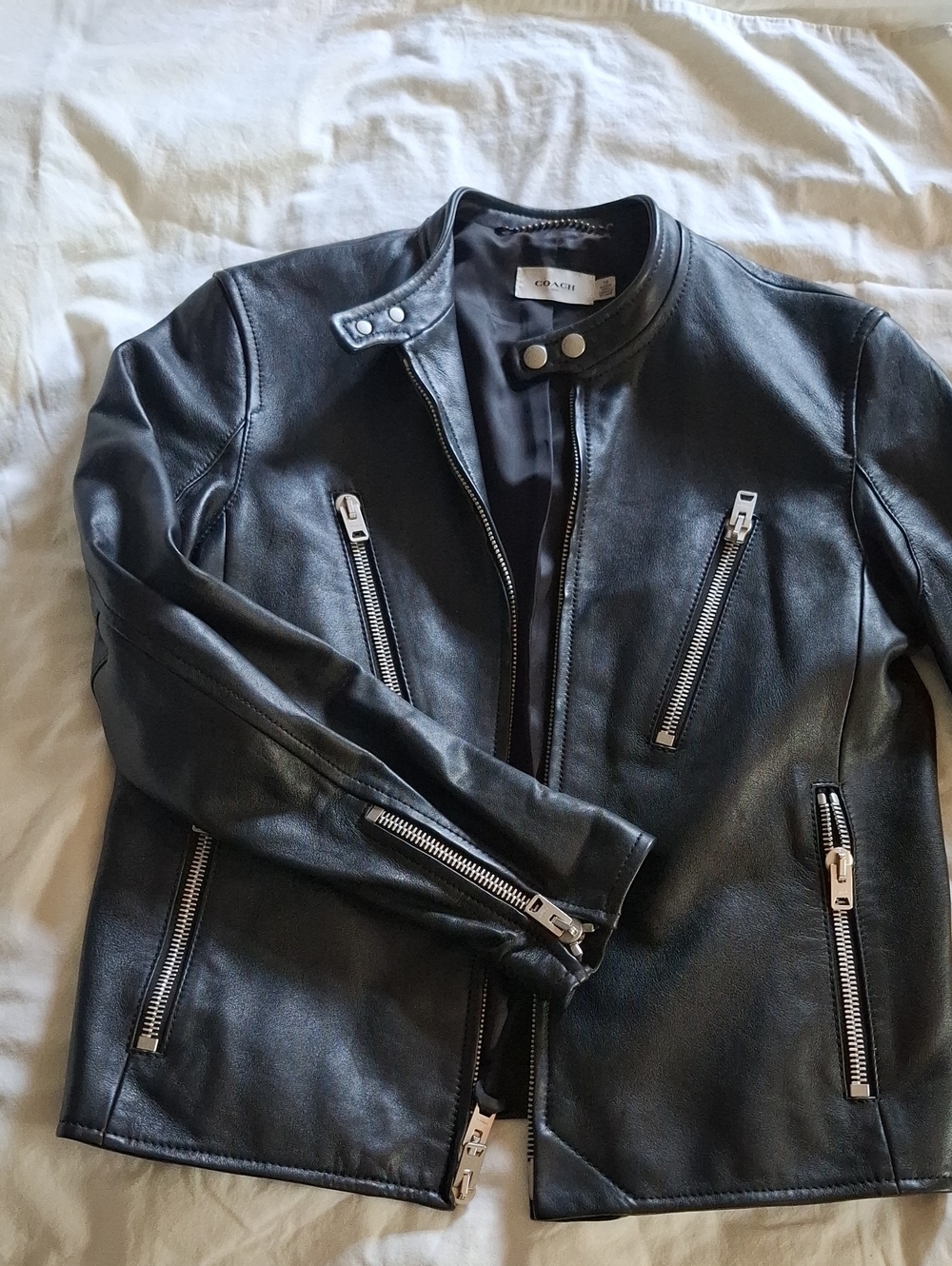 Coach Black Leather Moto Bomber Jacket with Silver Zippers